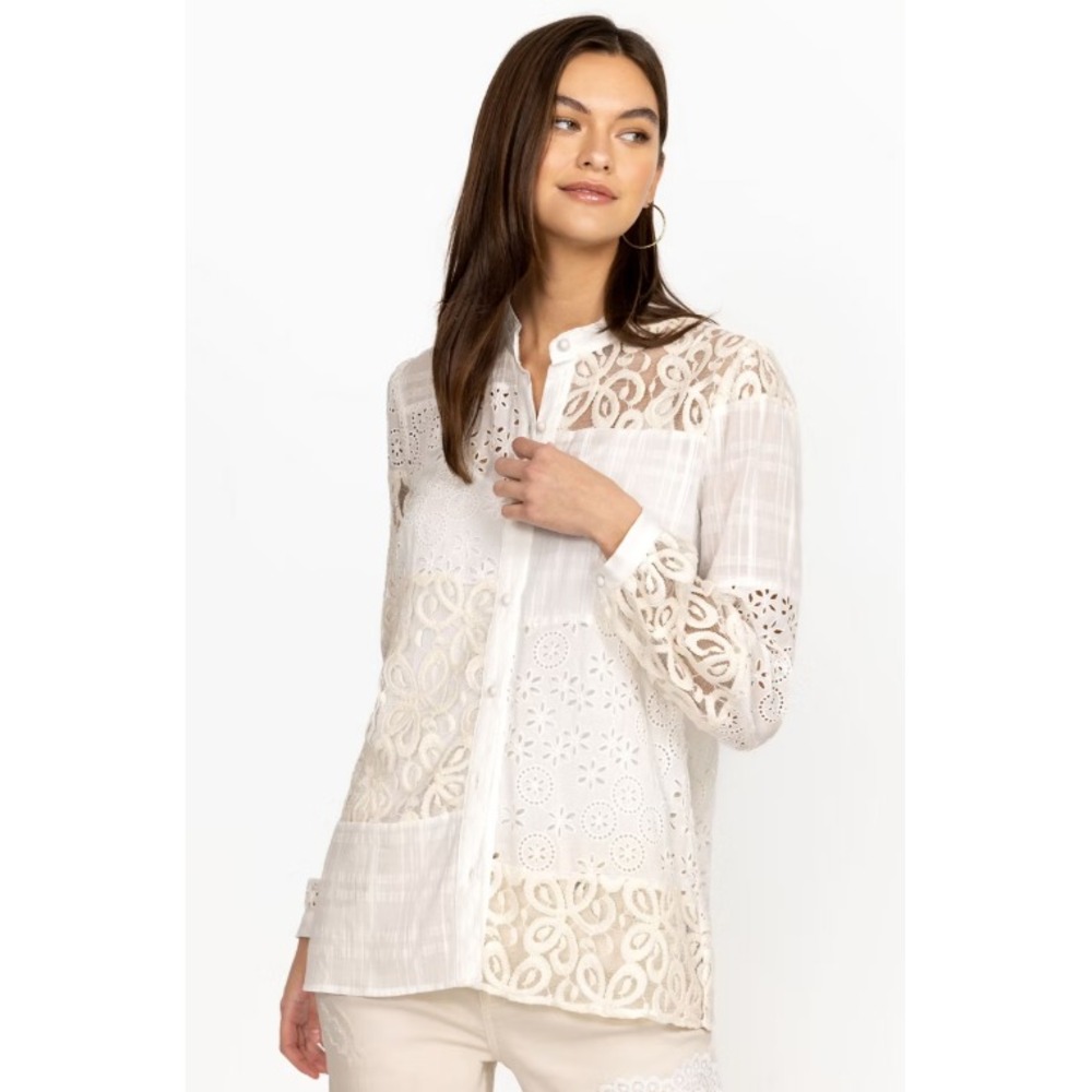 Johnny Was Jade Carmen Button Down Shirt Large Patchwork Floral Eyelet Lace